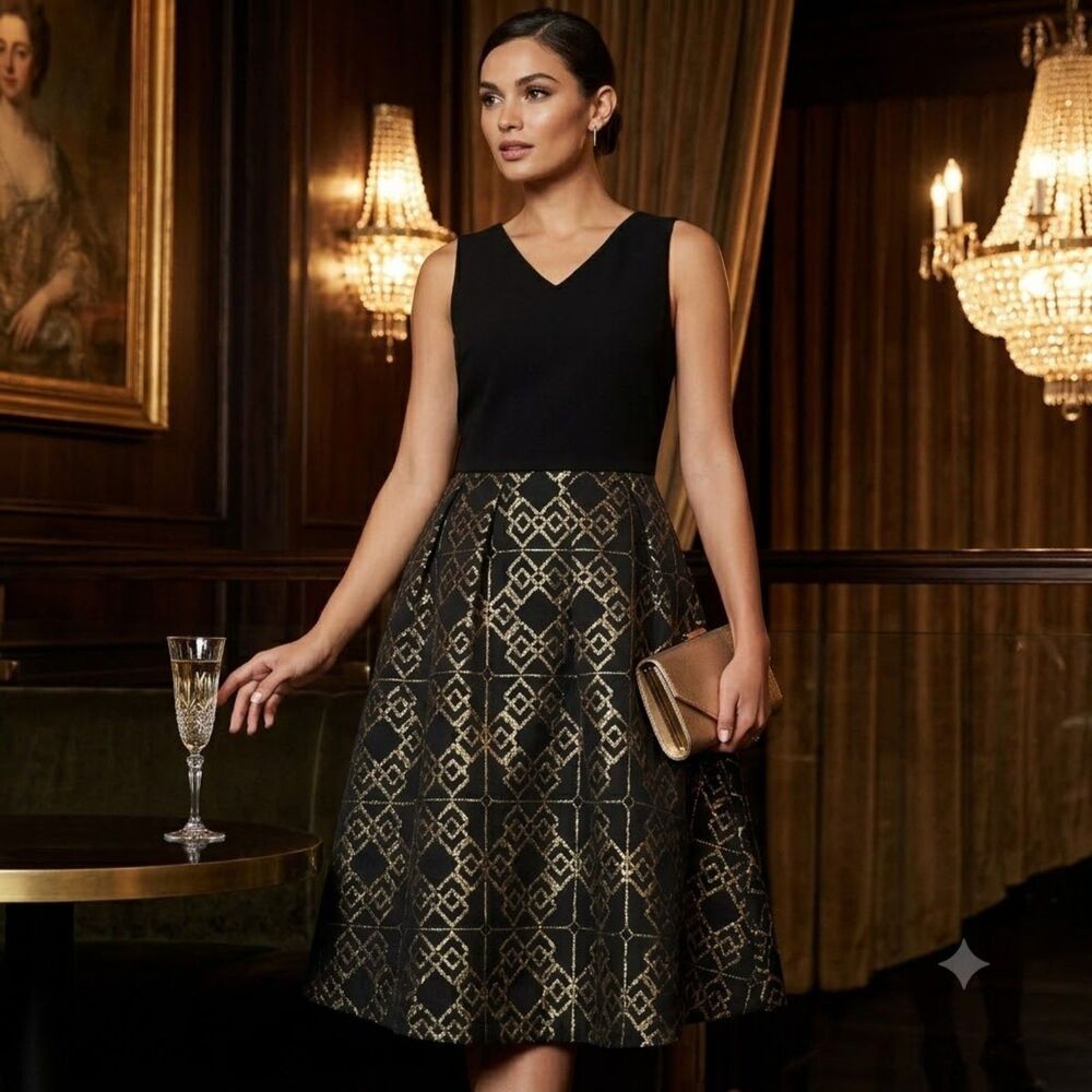 Ted Baker London Black Gold Metallic Geometric Fit Flare Midi Dress Size 1